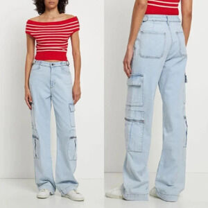 New! We Wore What Utility Straight Cargo Jeans in Blue nwt 29090